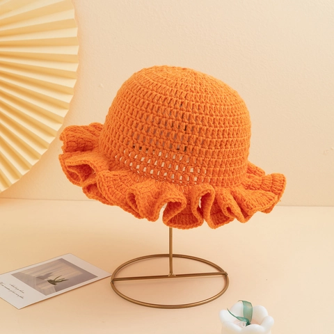 Handmade Crochet Bucket Hat For Women Solid Color Polyester Ruffle Edge Hollow Out Knit Sun Hat Vintage Fisherman Cap Accessory