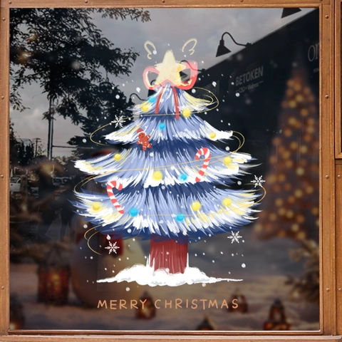 Blue Christmas Tree Window Cling Static PVC Glass Sticker Double Sided Holiday Decor Merry Christmas Festive Decal