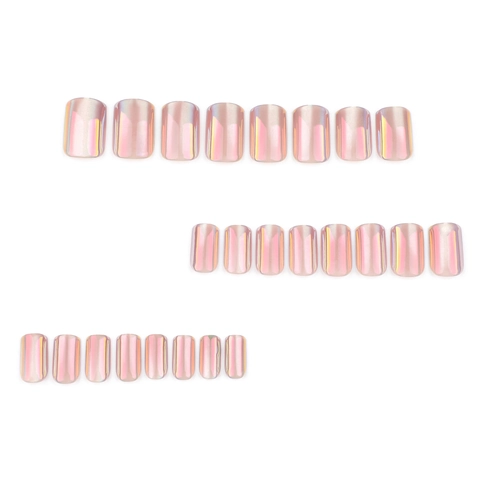 Aurora Iridescent Press On Nails Square Short Fake Nails Artificial Pearl Luster Metallic Pink Purple Shimmer Manicure For Women