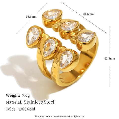 Double Layer Water Drop Zircon Open Ring Stainless Steel Gold Plated Hammered Texture French Vintage Style Finger Jewelry