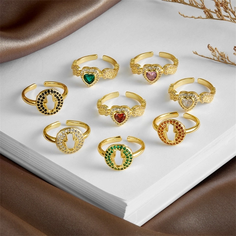 Anello Aperto Regolabile Rame Placcato Oro Vero Zirconia Cubica Colorata Cuore Mano Di Hamsa Gioielli Di Moda Donna