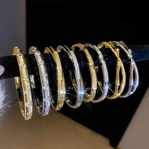 Gold Plated Copper Bangle For Women Simple Versatile Zircon Pavé Cuff Bracelet Luxury Elegant Jewelry
