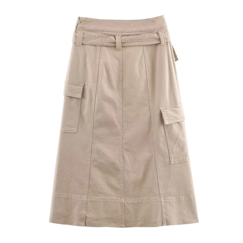 Women Cargo Midi Skirt High Waist Solid Color Twill Fabric With Belt Side Pockets Casual Streetwear Style