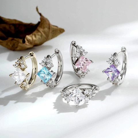 Square Cubic Zirconia Copper Hoop Earrings Princess Cut Sparkling Cartilage Studs Piercing Jewelry For Women Elegant
