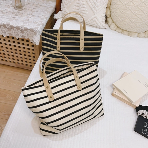 Sac À Main Cabas En Toile Rayée Vintage Avec Poignées En Cuir Renforcé Par Rivets Grande Capacité Femmes