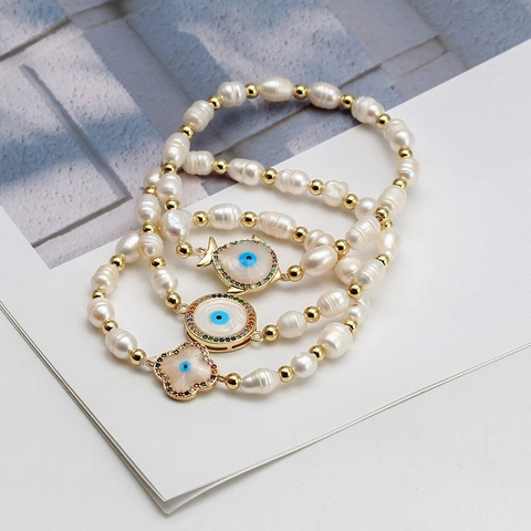 Barock Süßwasserperlen Armband Mit Evil Eye Hamsa Hand Anhänger Zirkon Perlen Schmuck Für Damen Glücksgeschenk Boho Stil
