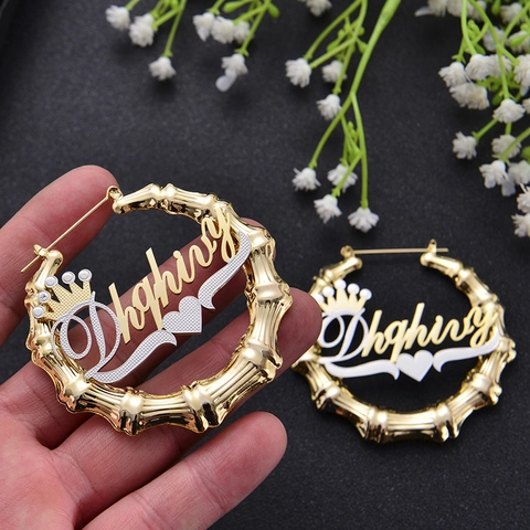 Stainless Steel Bamboo Joint Hoop Earrings Large Dual Color Gold Silver Crown Heart Fashion Jewelry For Women