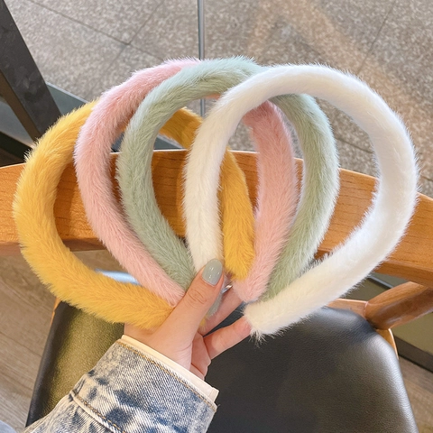 Soft Plush Headband Faux Fur Fabric Elastic Wide Sweet Solid Color Daily Winter Autumn Hair Accessories Girls
