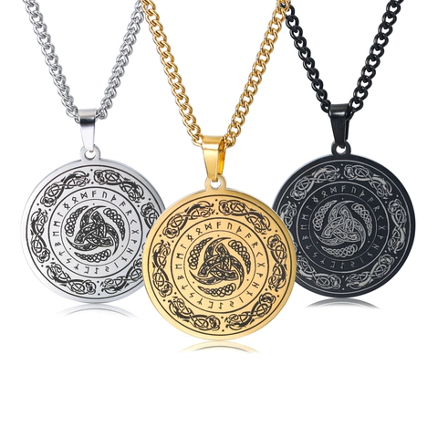 Collar Con Colgante De Símbolo Rúnico Vikingo Acero Inoxidable Valknut Nudo Celta Medallón Redondo Joyería Hip Hop Punk Unisex