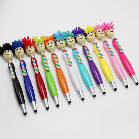 Multi-function Ballpoint Pen Plastic Microfiber Cartoon Mop Topper With Stylus Screen Cleaner Smile Face Novelty