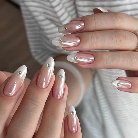 Uñas Postizas Press On Nails Forma Almendra Rosa Perla Artificialdo Con Diamantes De Imitación Elegantes Uñas Artificiales Para Mujeres