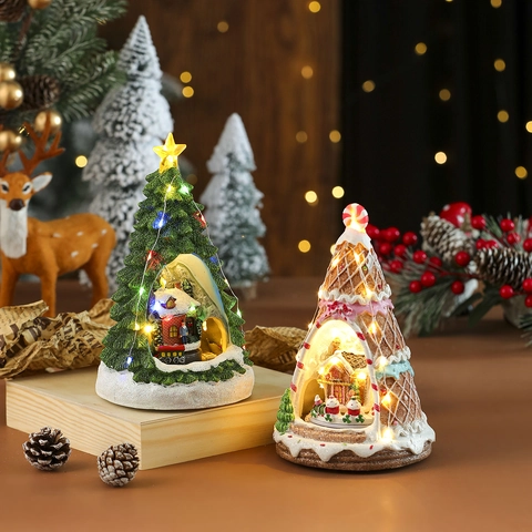 Christmas Tree Resin Music Box LED Glowing Miniature Scene Rotating Train Ornament Festive Desktop Decoration
