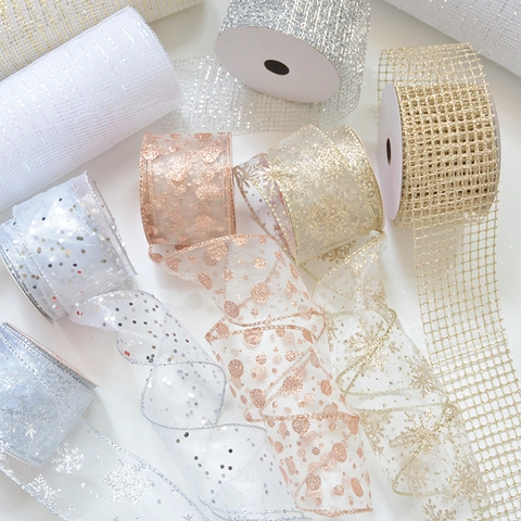 Christmas Ribbon Roll Chiffon Organza Mesh Glitter Sequins Snowflake Polka Dot Wired Edge For Tree Decoration Gift Wrap