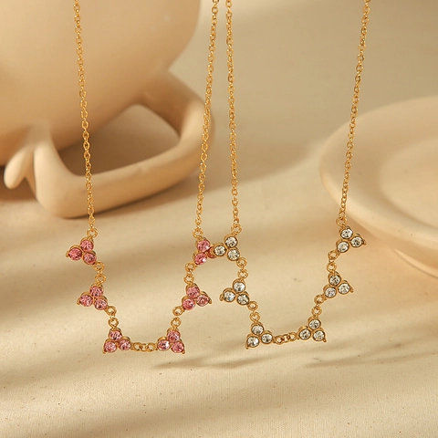 Stainless Steel Pendant Necklace 18K Gold Plated Zirconia Inlaid Geometric Leaf Elegant Jewelry For Women