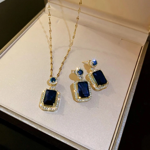 Collana Orecchini Anello Rame Zircone Rettangolo Blu Verde Pietra Preziosa Retrò Palazzo Lusso Francese Donne Accessorio