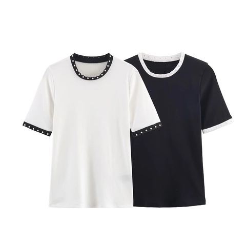 T-Shirt Da Donna A Maniche Corte Con Bordo In Künstliche Perle Sintetiche Girocollo Colore A Contrasto Maglia Casual Top Streetwear