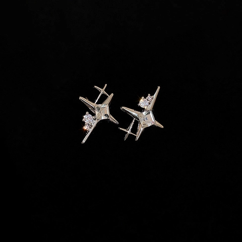 Starburst Stud Earrings Copper Rhinestone With 925 Sterling Silver Earring Post Four Pointed Star Elegant Jewelry For Women