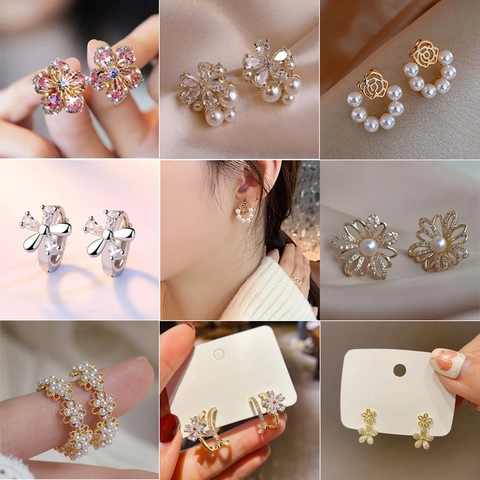 Elegant Flower Bow Rose Zircon Faux Artificial Pearl Stud Hoop Earrings With Silver Earring Post Retro Crystal Fashion Jewelry Women