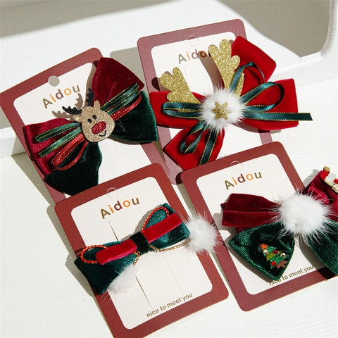 Christmas Bow Hair Clips Velvet Reindeer Antler Hairpins Santa Claus Christmas Tree Festive Hair Accessories For Women