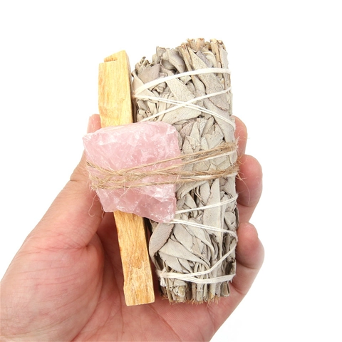 White Sage Palo Santo Smudge Stick With Natural Raw Crystal Healing Bundle For Home Cleansing Meditation Yoga