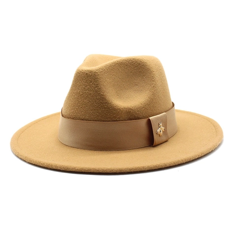 Classic Fedora Hat Wool Felt Wide Flat Brim With Satin Band Gold Bee Pin Vintage Jazz Style For Men Women Elegant