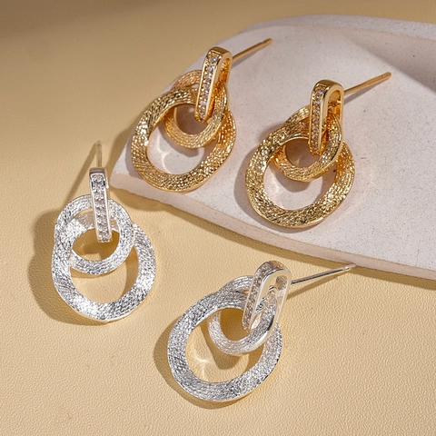 Orecchini Tondi Doppi Geometrici Rame Texturizzato Zircone Cerchi Eleganti Donna Con Perno In Argento Sterling 925