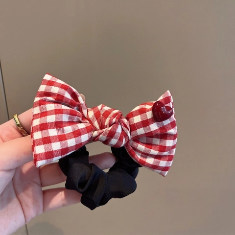 Bow Knot Scrunchie Gingham Plaid Fabric Elastic Hair Tie With Red Heart Decoration Korean Sweet Style For Women Girls