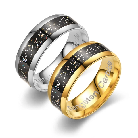 Titaniumstaal Sterrenhemel Inleg Ring Voor Heren Dames 8mm Mat Mode Koppel Bruiloft Band Sieraden Accessoire Cadeau