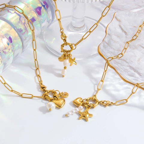 Collana Con Pendente In Acciaio Inossidabile Placcato Oro 18K Con Perla Artificial Cuore Stella Charms Moda Bohemia Per Donna