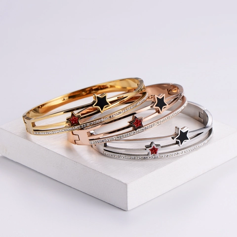 316L Stainless Steel Star Charm Bangle Bracelet For Women Double Layer Hollow Cubic Zirconia Enamel Elegant Lucky Jewelry