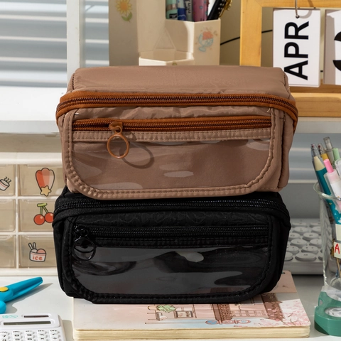 Large Capacity Multi Layer Pencil Case Oxford Cloth Transparent Window Flip Top Prism Stationery Pouch For Students Office