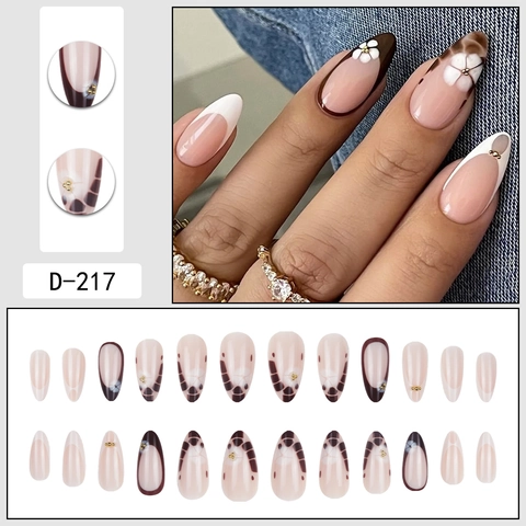 Uñas Postizas De Almendra Largas Francesas Diseño Floral Estampado De Leopardo Con Decoración De Perlas Artificiales Y Diamantes