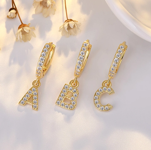14K Gold Plated Copper Hoop Earrings 925 Sterling Silver Earring Post Micro Pave Cubic Zirconia Alphabet Initial Pendant