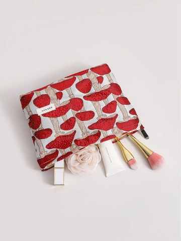 Neceser De Tela Jacquard Con Patrón De Champiñones Lona Cremallera Organizador De Artículos De Tocador Estilo Retro
