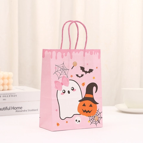 Sacchetti Regalo Halloween Simpatico Cartone Animato Fantasma Zucca Stampa Sacchetti Di Carta Kraft Con Manici Per Feste