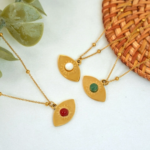 Collana Ciondolo Malocchio Acciaio Inossidabile Pietra Naturale Placcato Oro Catena Gioielli Etnici Bohémien Donna