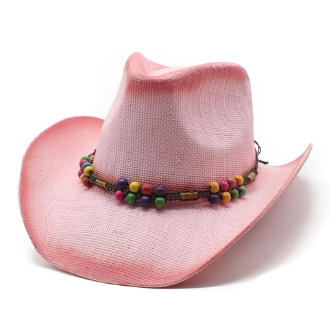 Chapeau De Cow-Boy En Paille Papier Tissé Avec Perles En Bois Colorées Large Bord Protection Solaire Plage Vacances Style Rétro