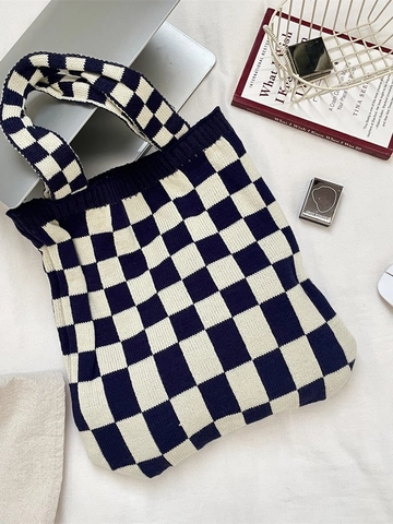 Stricktasche Damen Schachbrettmuster Schultertasche Große Kapazität Handtasche Lässiger Retro Streetwear Polyester Shopper