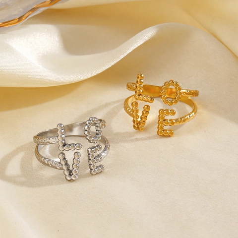 Anillo Aperto Lettera LOVE In Acciaio Inossidabile Placcato Oro Texture Perlata Doppio Strato Gioielli Regolabili Donna