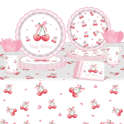 Wegwerpservies Met Kersen En Strikprint Tafelkleed Papieren Borden Bekers Servetten Bestek Verjaardagsfeest Roze Wit Ruitje Aquarel