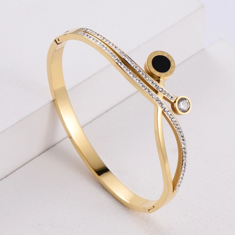 Women Bangle Bracelet 316 Stainless Steel Roman Numerals Double Layer Cross Design Zircon Rhinestone Black Disc Jewelry