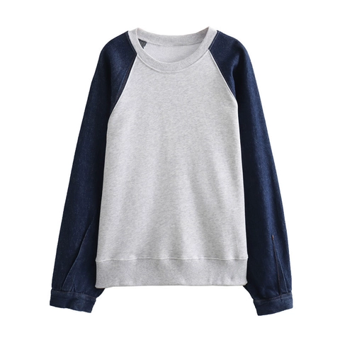 Damen Sweatshirt Und Hose Set Denim Patchwork Raglanärmel Kontrastfarbe Strick Polyester Streetwear Casual Locker