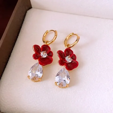 Vintage Flower Hoop Drop Earrings Copper 18K Gold Plated Red Enamel Teardrop Zircon Elegant Jewelry For Women