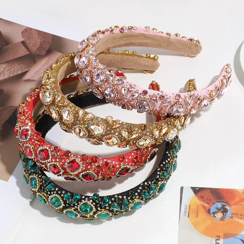 Luxury Rhinestone Padded Headband For Women Baroque Artificial Gemstone Sparkly High Crown Hairband Vintage Elegant