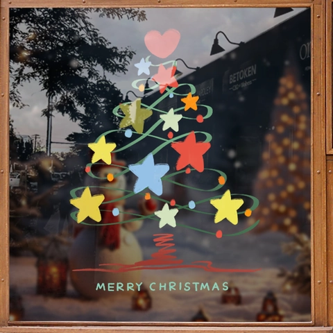 Christmas Window Stickers Starry Tree Pattern Merry Christmas PVC Static Cling For Glass Shop Door Festive Decor