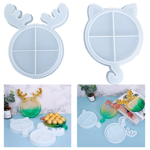 Molde Silicona Bandeja Forma Gato Cuernos Reno Para Manualidades Resina Epoxi Plato Joyas Posavasos Decoración