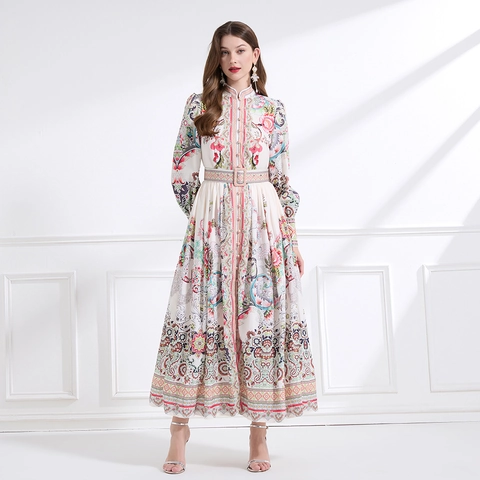 Vestito Maxi Stampa Vintage Collo Alto Bottoni Maniche A Lanterna Con Cintura Linea A Elegante Abito Lungo Donna