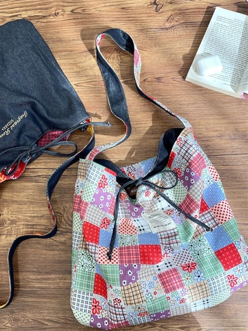 Retro Bohemian Patchwork Canvas Schultertasche Große Kapazität Cord Denim Tote Bag Für Damen Kordelzug
