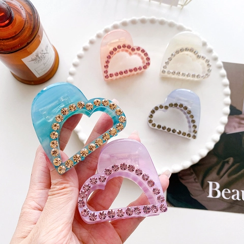 Molla Per Capelli A Forma Di Cuore In Acetato Di Cellulosa Con Strass Scintillante Traforato Shark Clip Per Donne