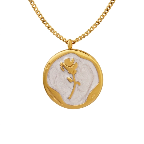 Collar Con Colgante De Moneda Redonda Con Relieve De Rosa Estilo Francés Vintage Acero De Titanio Chapado En Oro De 18K Esmalte